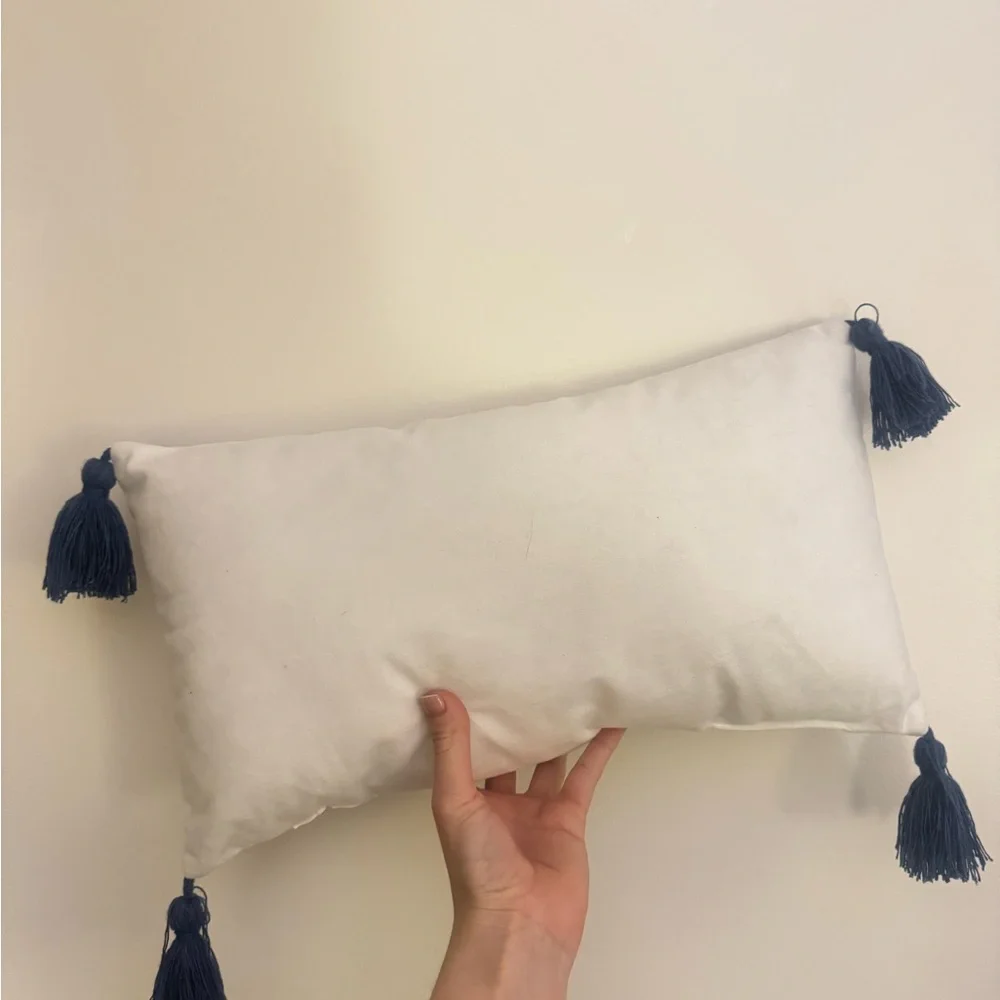 thankful white and blue tassel pillow